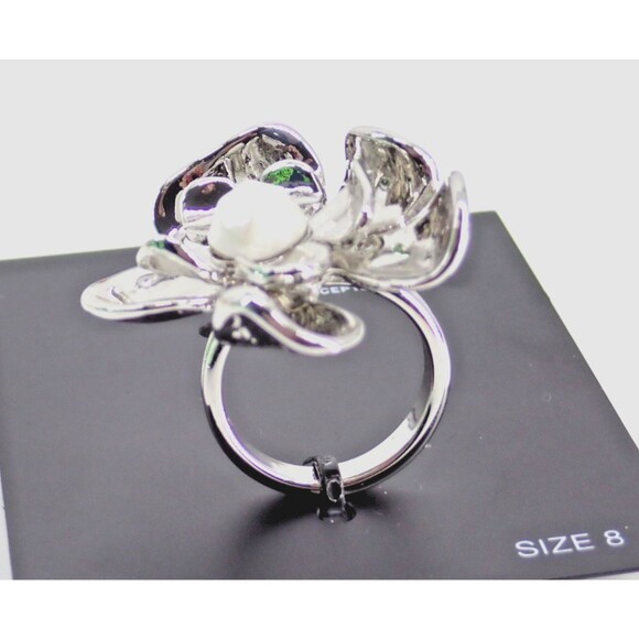 INC International Concepts I.N.C. Silver Tone Flower & Pearl Statement Ring Sz 8 - Picture 3 of 10